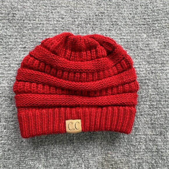 CC Beanie‎ Hat Cap Womens Red OS Stretch Fit Chunky Cable Knit Warm Ski Snow - Picture 1 of 6